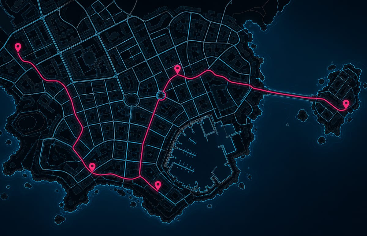 Illustrated map of the city districts with a traced route and location pins